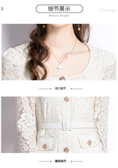 Faux Two Piece Lace Long Sleeve Pleated Midi Dress 18