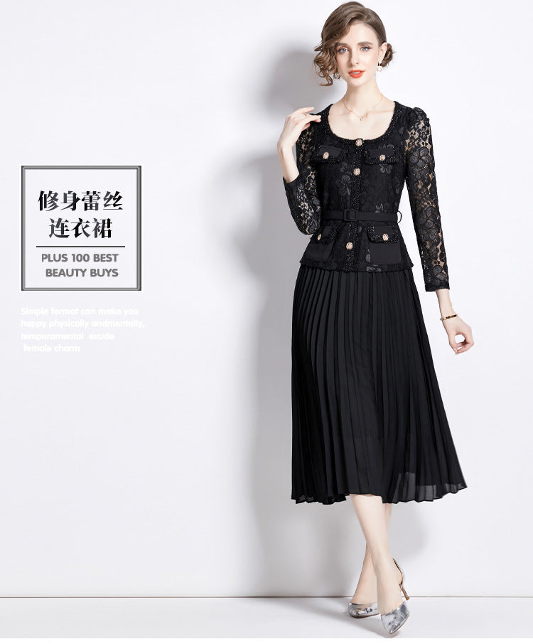 Faux Two Piece Lace Long Sleeve Pleated Midi Dress 20