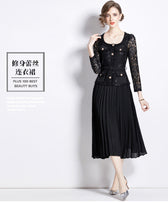 Faux Two Piece Lace Long Sleeve Pleated Midi Dress 20