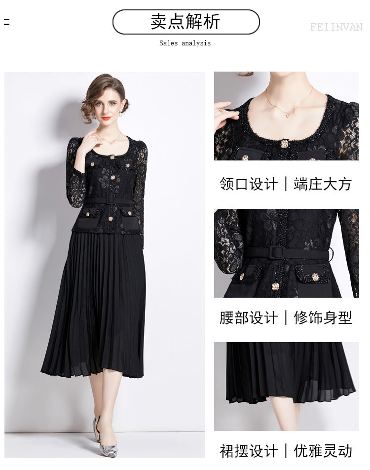 Faux Two Piece Lace Long Sleeve Pleated Midi Dress 21