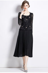 Faux Two Piece Lace Long Sleeve Pleated Midi Dress 23