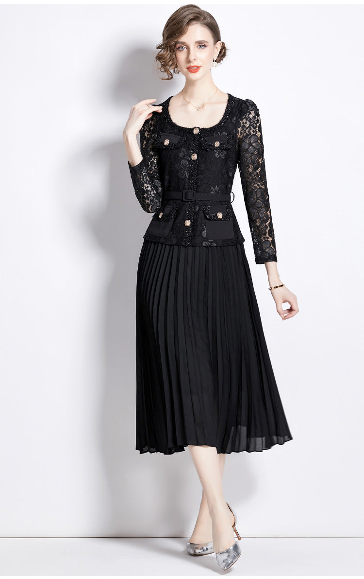 Faux Two Piece Lace Long Sleeve Pleated Midi Dress 24
