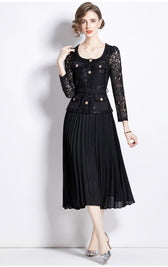 Faux Two Piece Lace Long Sleeve Pleated Midi Dress 24