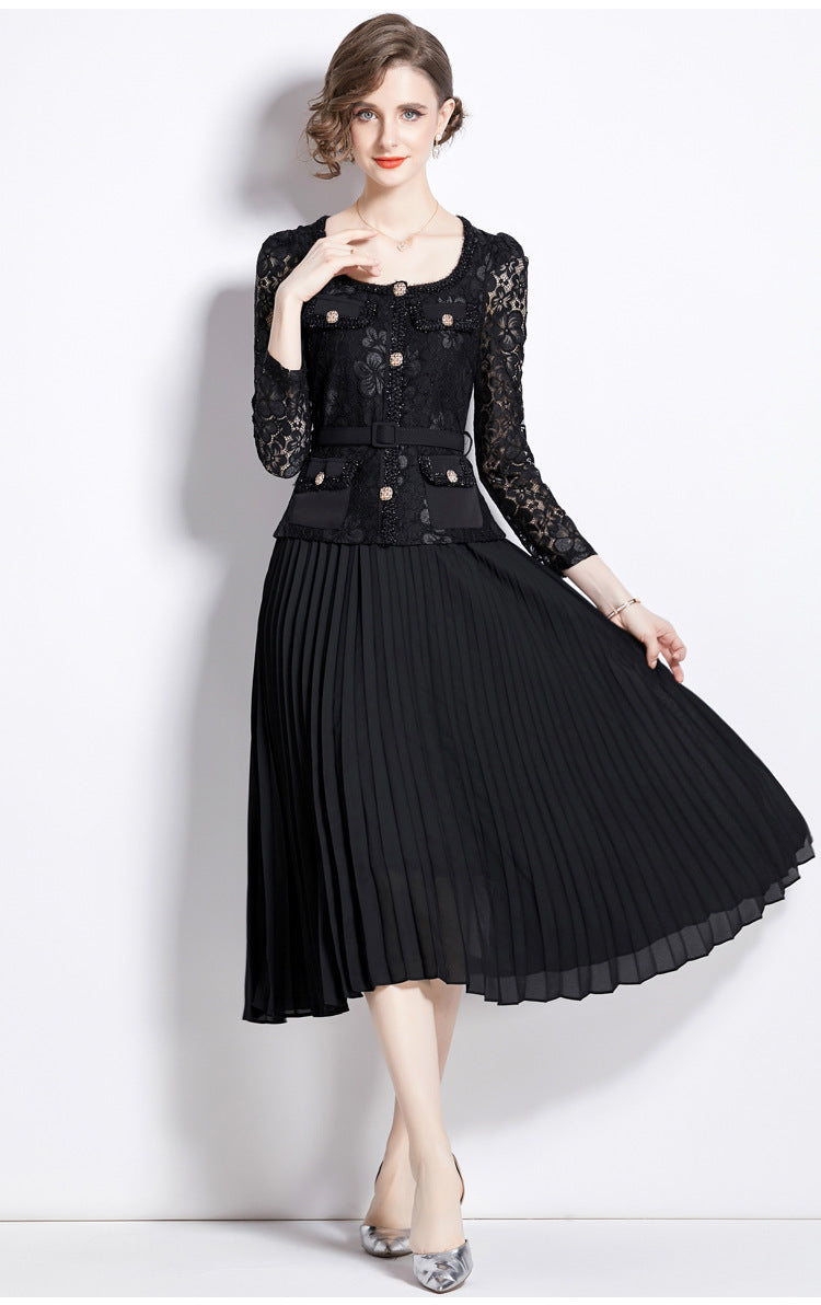 Faux Two Piece Lace Long Sleeve Pleated Midi Dress 26