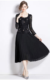 Faux Two Piece Lace Long Sleeve Pleated Midi Dress 26