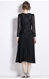 Faux Two Piece Lace Long Sleeve Pleated Midi Dress 27
