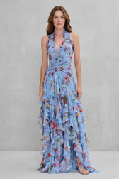 Floral Halter Deep V-Neck Ruffle Chiffon Maxi Dress 6