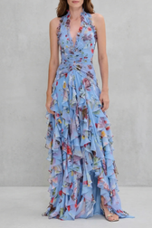 Floral Halter Deep V-Neck Ruffle Chiffon Maxi Dress 5