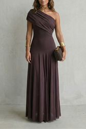 One Shoulder Ruched Mesh Fit and Flare Maxi Gown