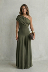 One Shoulder Ruched Mesh Fit and Flare Maxi Gown 10