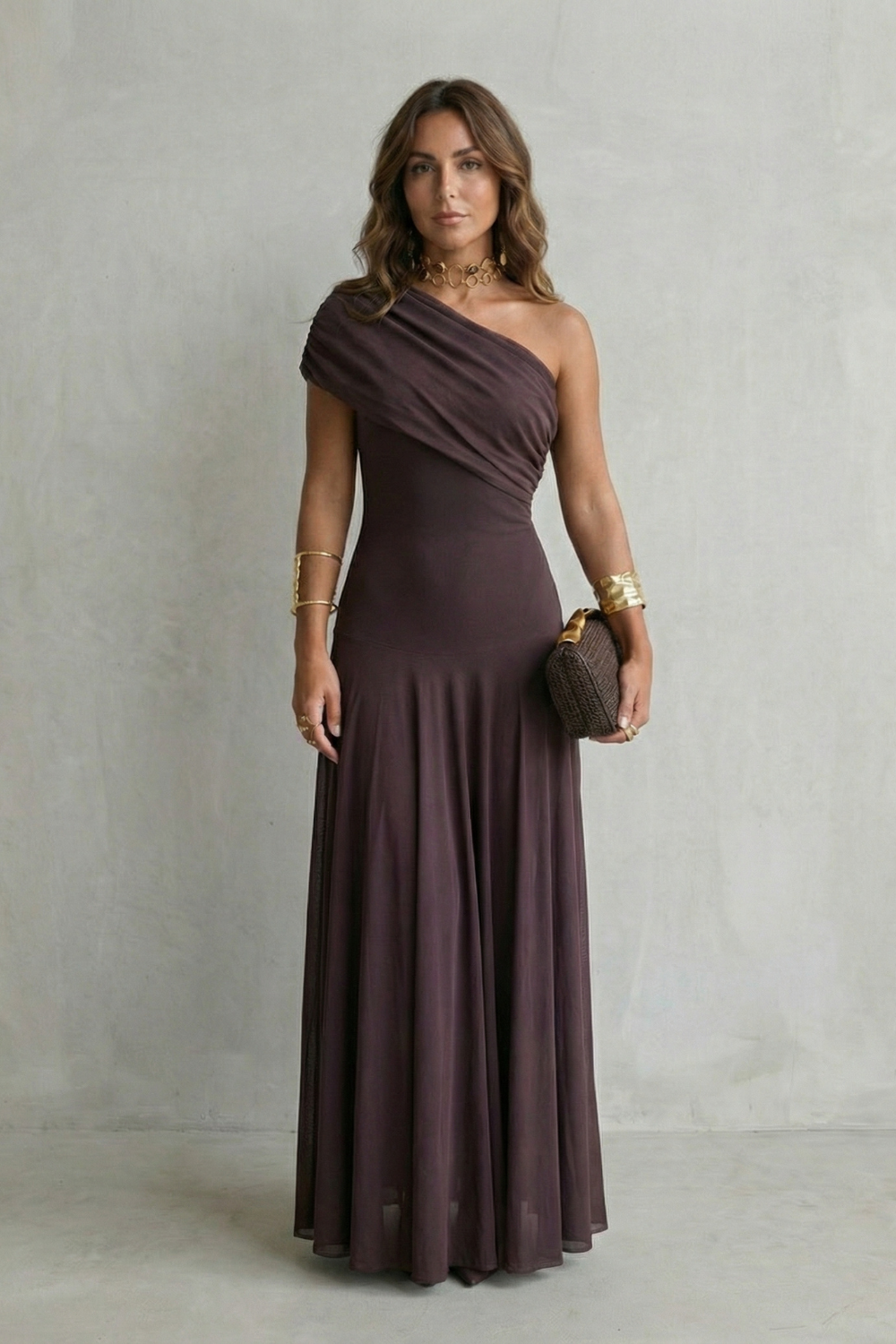 One Shoulder Ruched Mesh Fit and Flare Maxi Gown 2