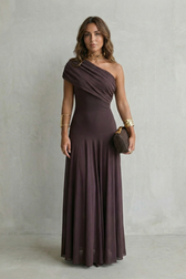 One Shoulder Ruched Mesh Fit and Flare Maxi Gown 2