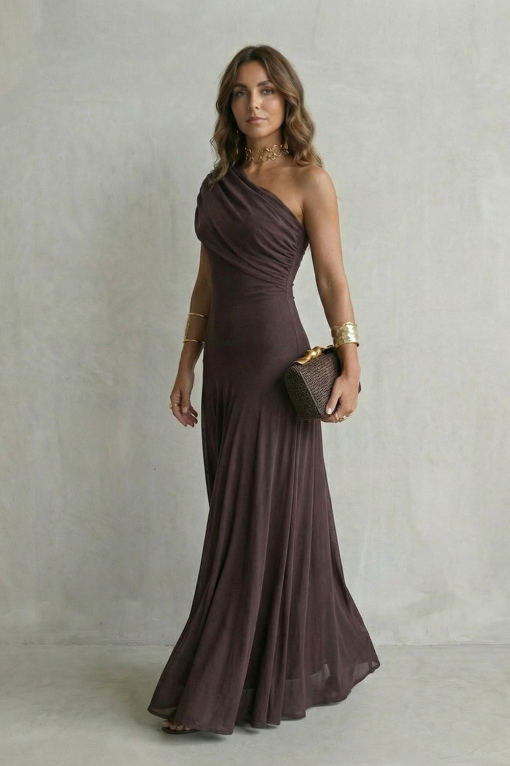 One Shoulder Ruched Mesh Fit and Flare Maxi Gown 3