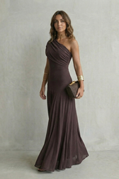 One Shoulder Ruched Mesh Fit and Flare Maxi Gown 3