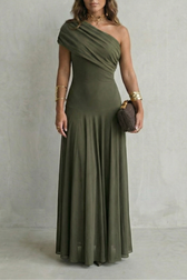 One Shoulder Ruched Mesh Fit and Flare Maxi Gown 9