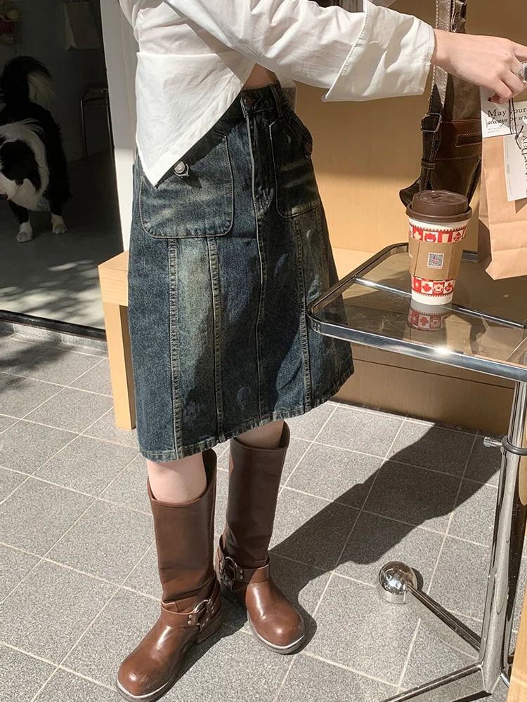 American Retro Midi Do old Washed ALine Skirt