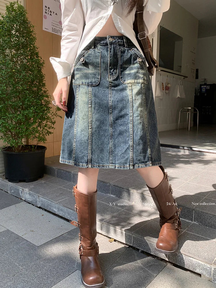American Retro Midi Do old Washed ALine Skirt