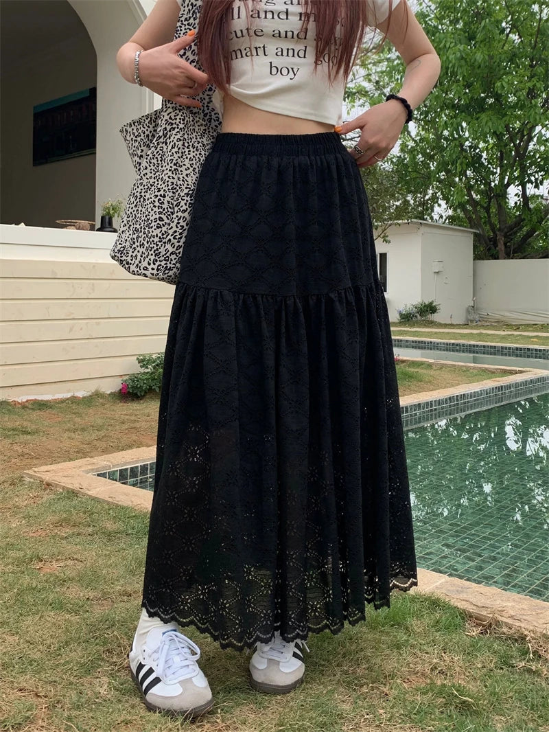 Black Lace Ruffled High Waist ALine Skirt
