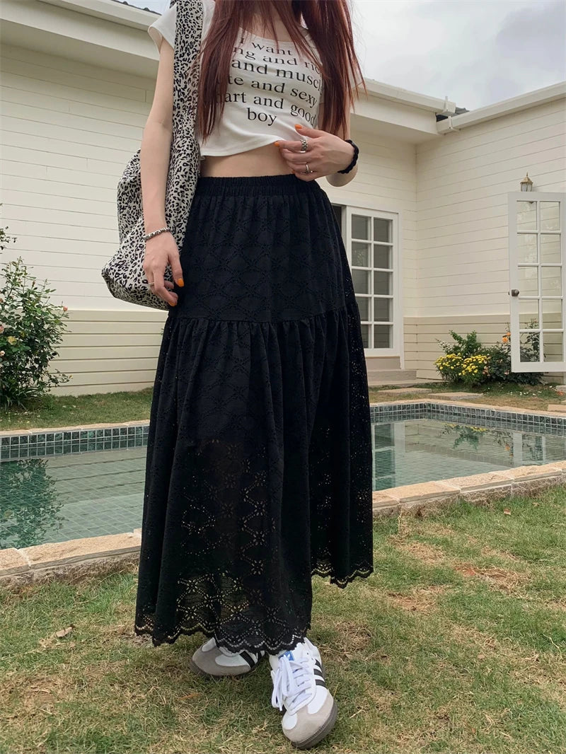 Black Lace Ruffled High Waist ALine Skirt