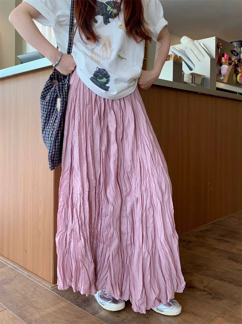 Vintage Solid Elastic Pleated ALine Skirt