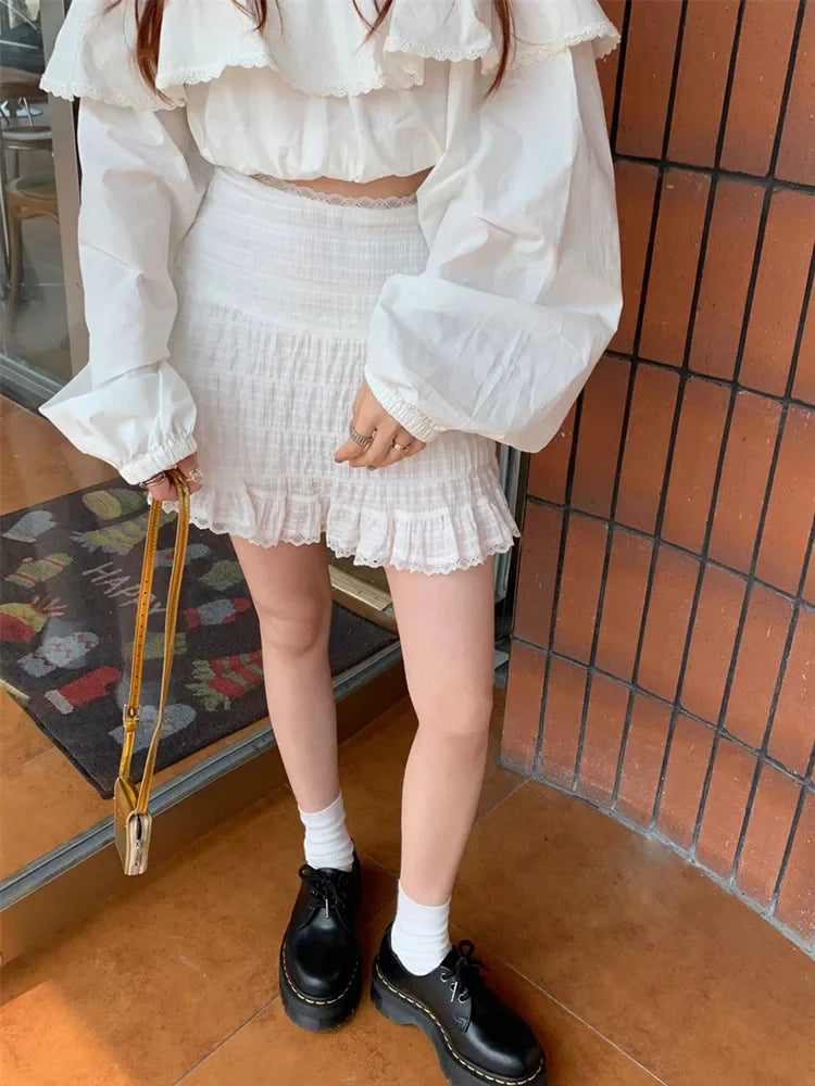 White Lace Trim Ruffled Sweet High Waist ALine Skirt