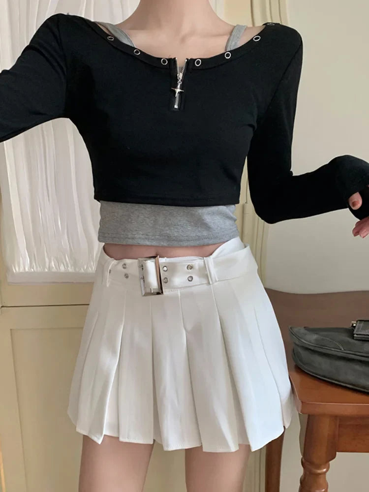 White Cargo Pleated Mini Skirts Retro Low Waist ALine Skirt