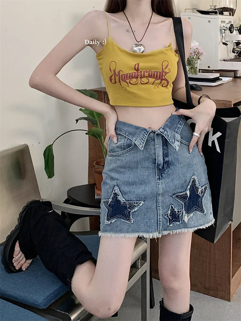 Y2k Star Patch Raw Hem Cuffs Aline Short Skirt