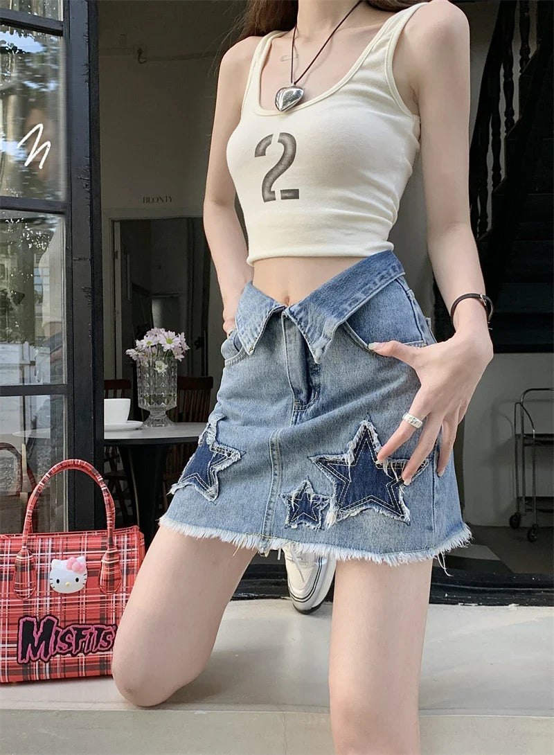 Y2k Star Patch Raw Hem Cuffs Aline Short Skirt