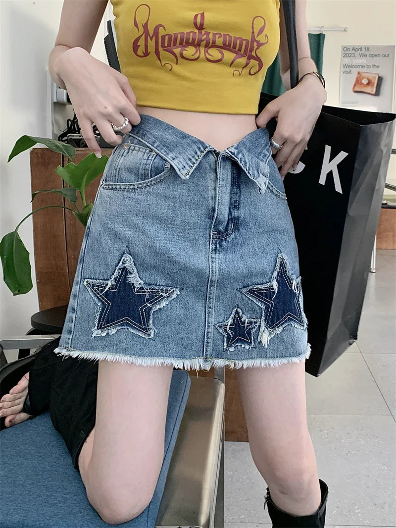Y2k Star Patch Raw Hem Cuffs Aline Short Skirt