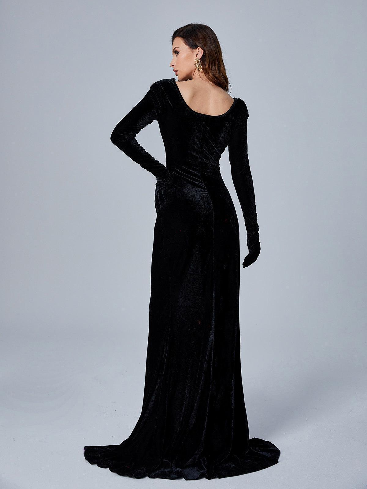 Long Sleeve Gloves Velvet Maxi Dress In Black - View 7