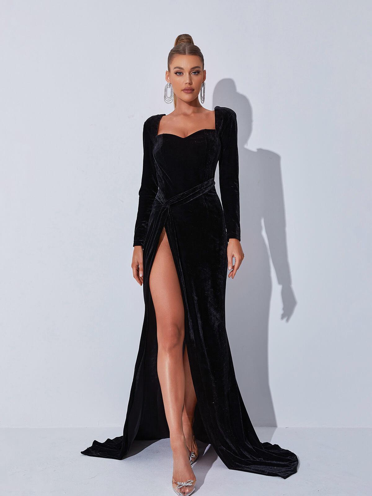 Velvet Sweetheart Neck Long Sleeve High Split Maxi Gown with Train