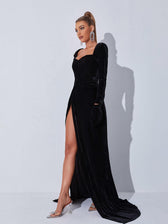 Bernice Long Sleeve Gloves Velvet Maxi Dress In Black 4