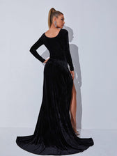Long Sleeve Gloves Velvet Maxi Dress In Black - View 5