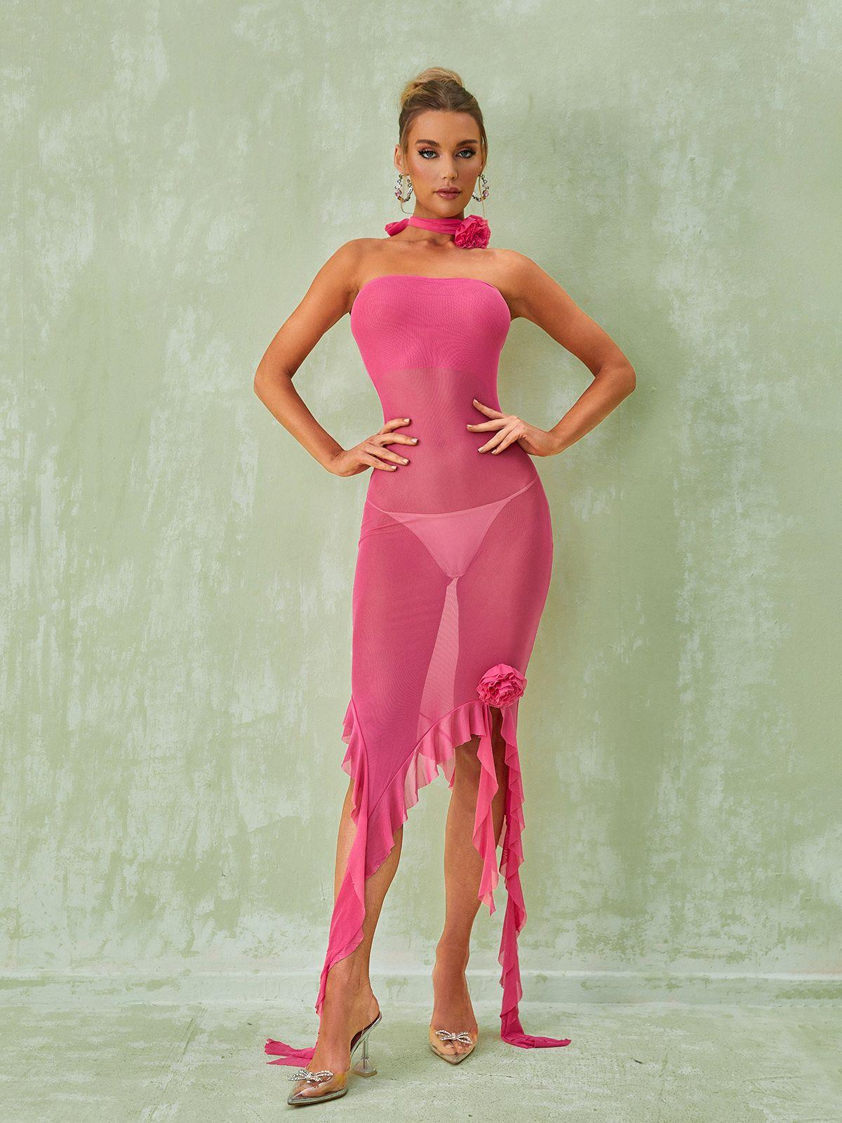 Berry Ruffle Flower Mesh Dress In Hot Pink 4