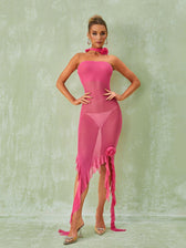 Berry Ruffle Flower Mesh Dress In Hot Pink 4