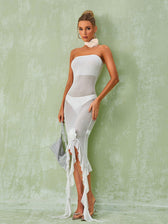 Berry Ruffle Flower Mesh Dress In White