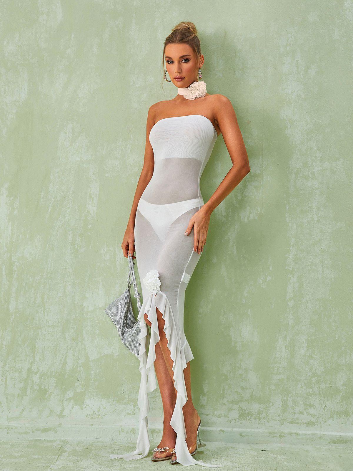 Sheer Mesh Strapless Rosette Ruffle Split Hem Bodycon Maxi Dress