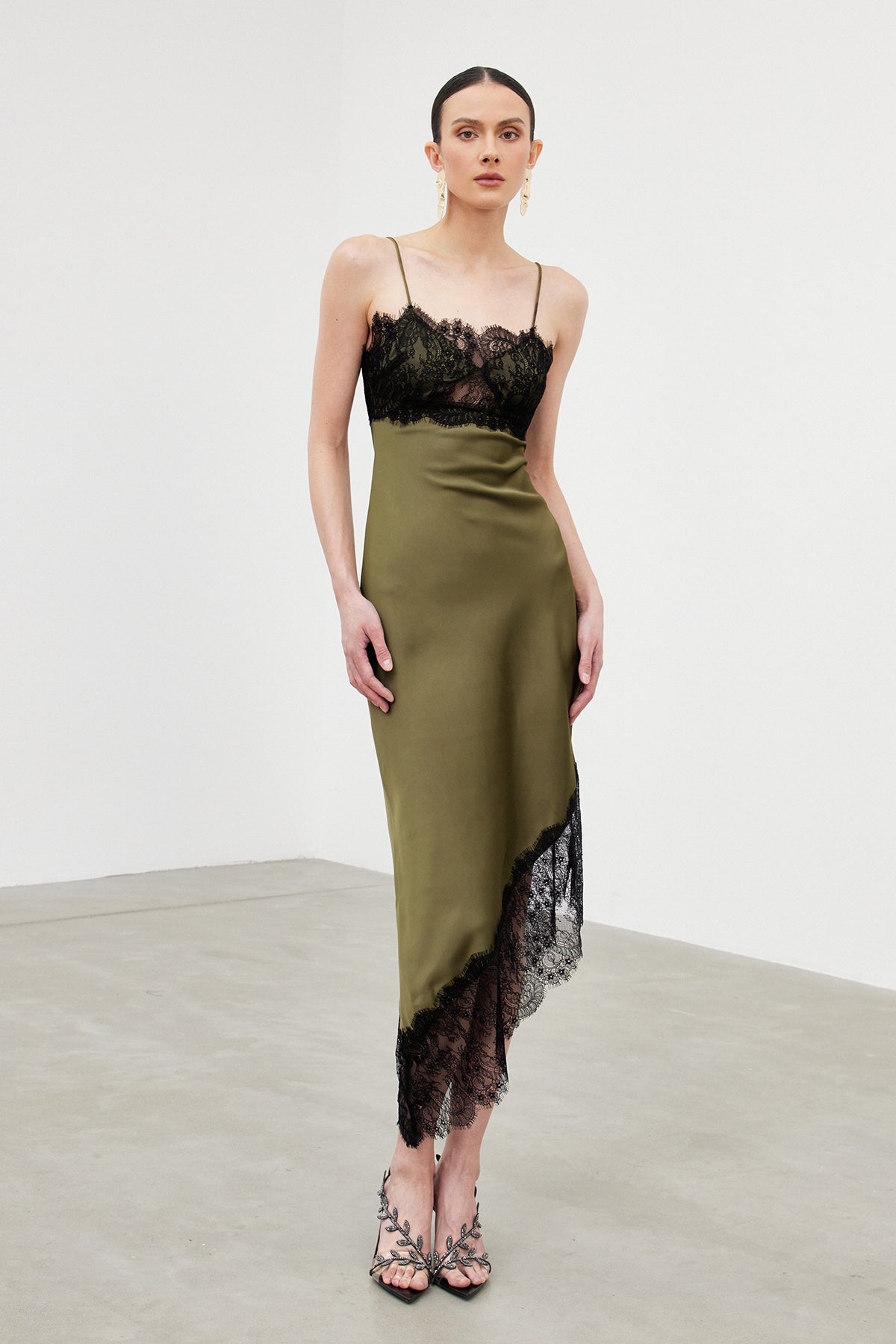 Bess Spaghetti Lace Asymmetric Midi Dress - View 2