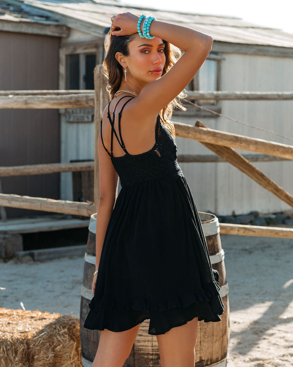 Crochet Lace Bodice Spaghetti Strap Pocketed Ruffle Hem Mini Dress 2