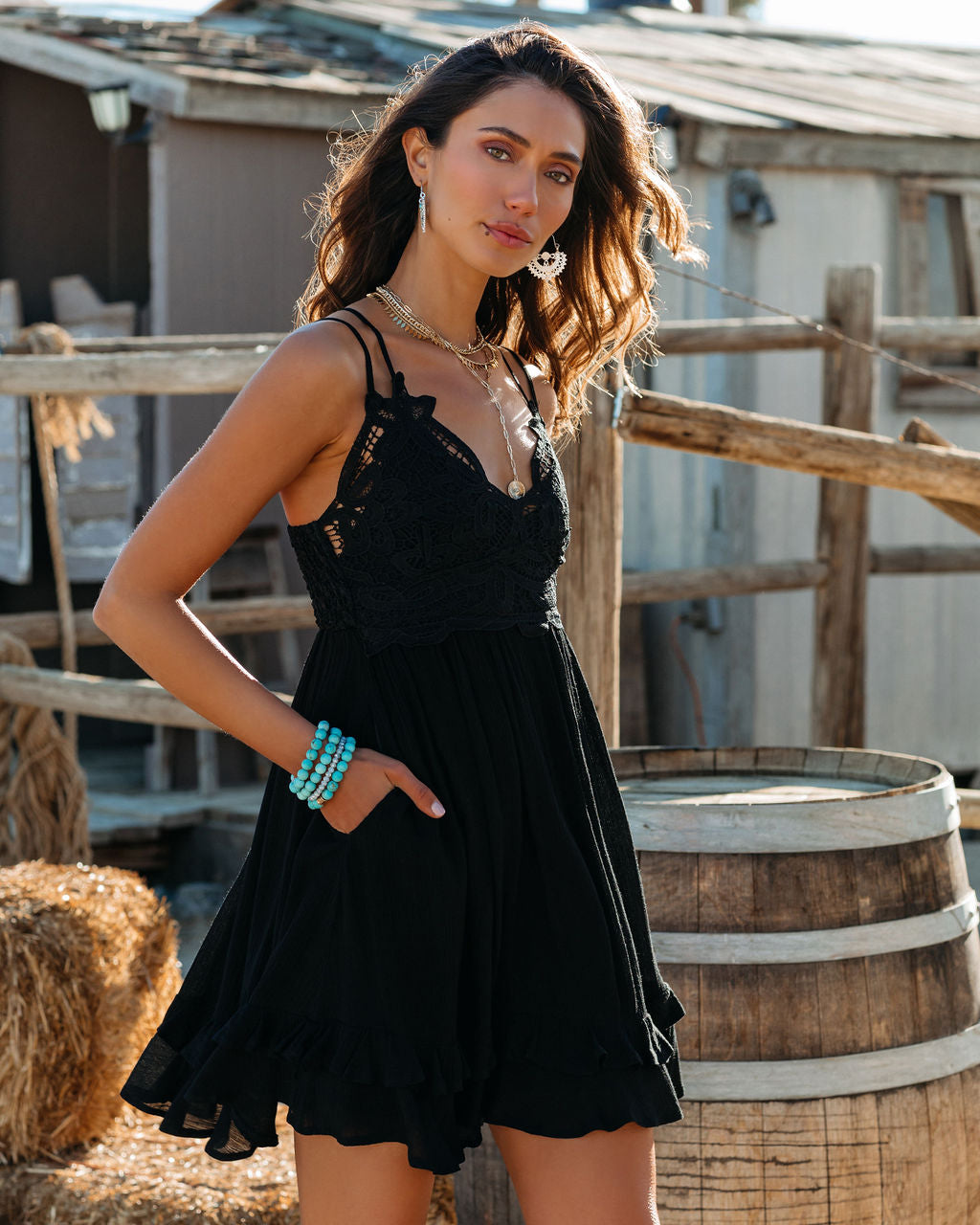 Crochet Lace Bodice Spaghetti Strap Pocketed Ruffle Hem Mini Dress