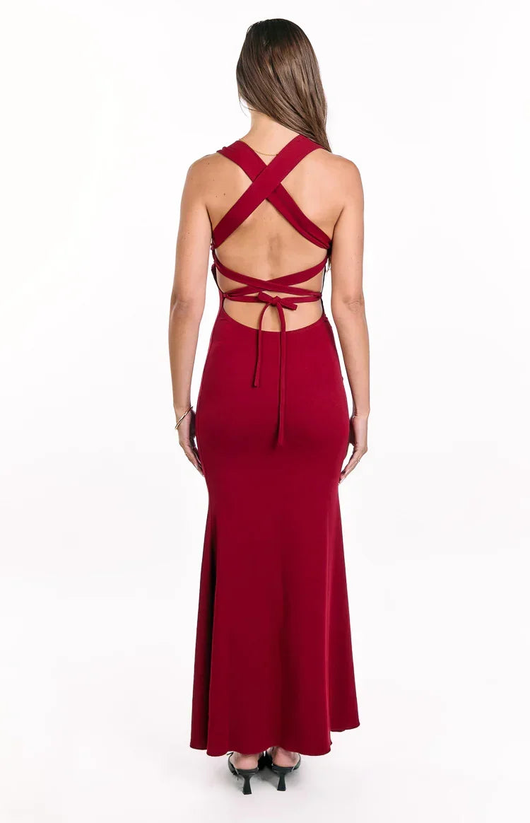 Crepe Strappy Cross Back Tie Back Bodycon Maxi Dress 7