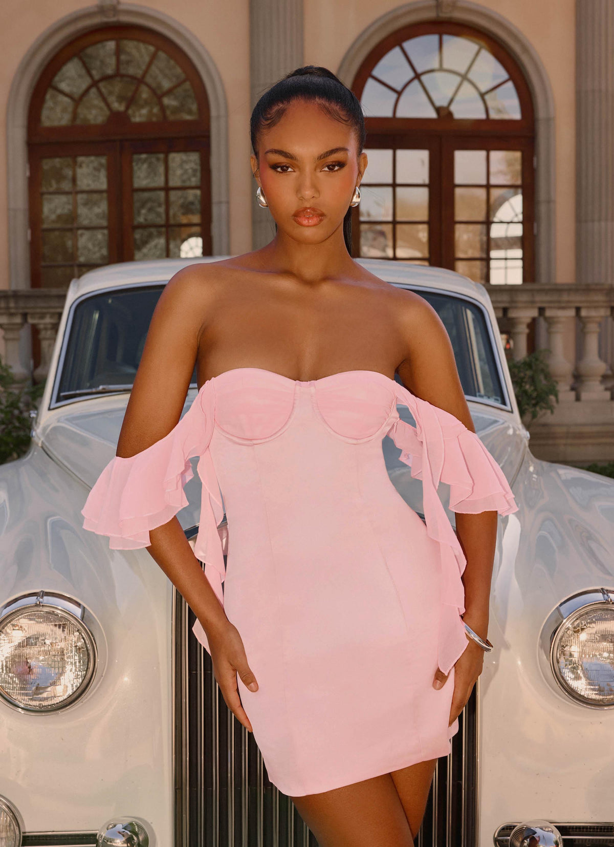 Strapless Bustier Ruffle Off Shoulder Sleeve Bodycon Mini Dress
