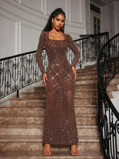 Square Neck Rhinestone Maxi Dress