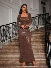 Square Neck Rhinestone Maxi Dress - View 3