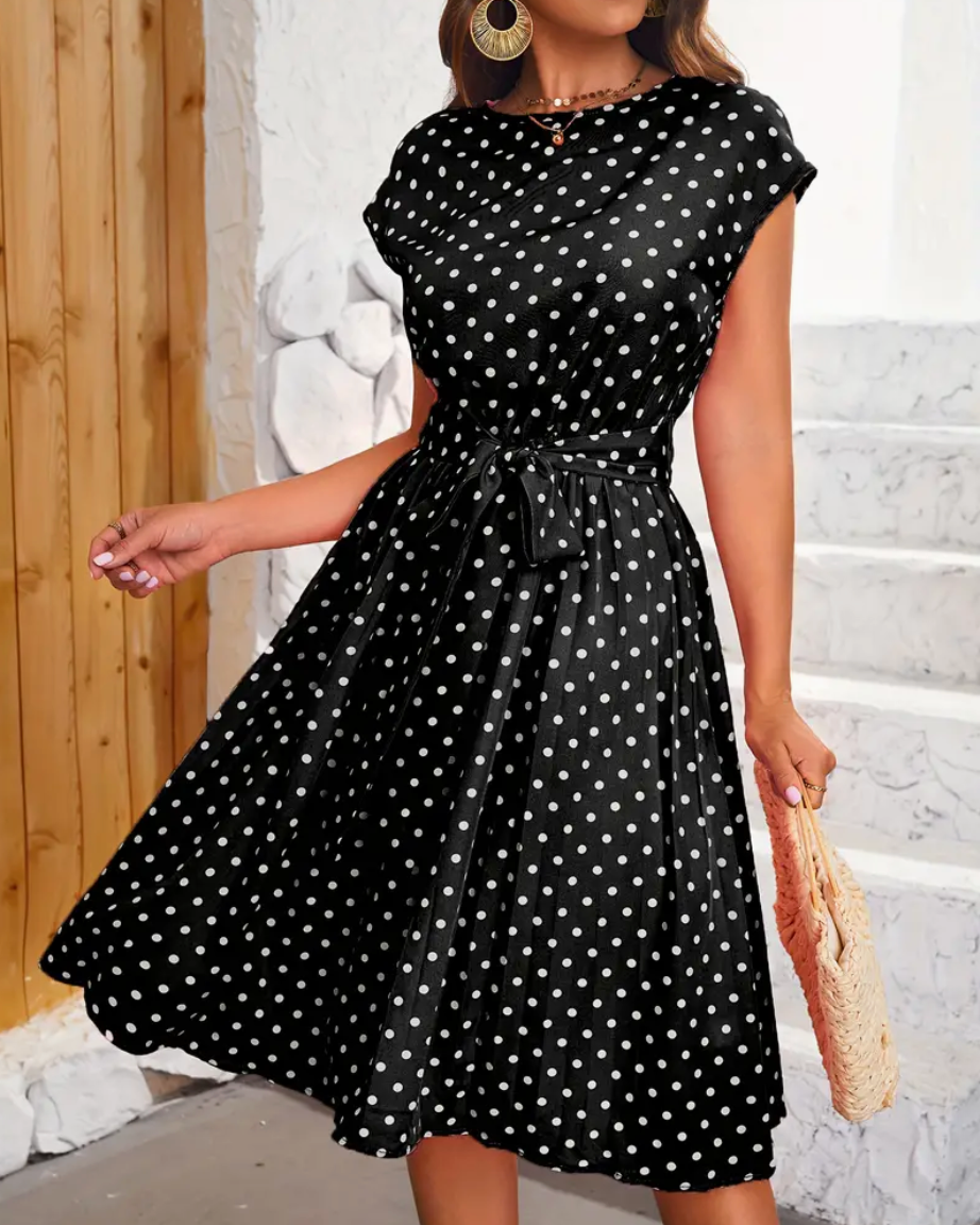 Statement Grace Polka Dot Midi Dress with Tie Belt Evening Wear Edit