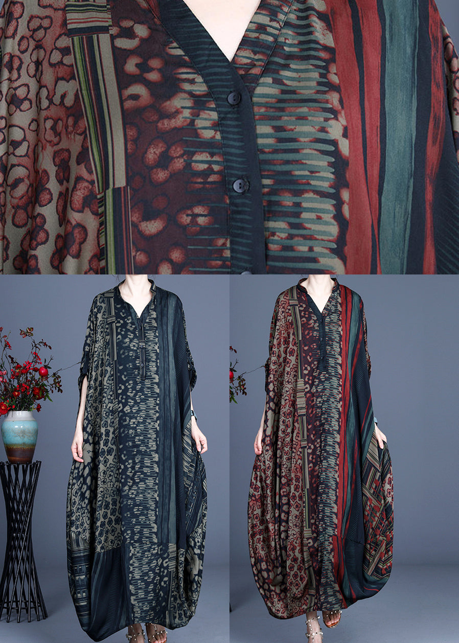 Patchwork Leopard Floral Mandarin Collar Batwing Sleeve Maxi Dress