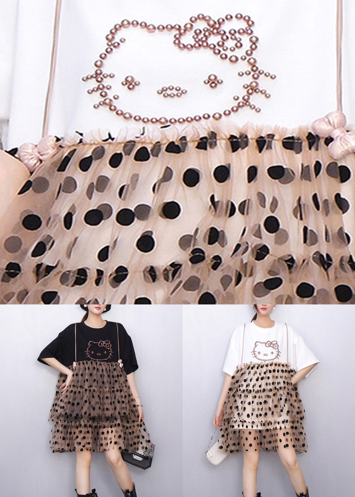 Black Cool Hello Kitty Polka Tulle Patchwork Summer Mid Dress Ruffled - View 5