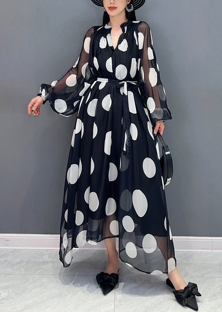 Polka Dot Sheer Lantern Sleeve Tie Waist Asymmetric Hem Chiffon Maxi Dress