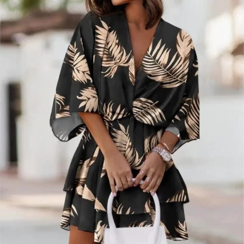 Leaf Print Deep V-Neck Batwing Sleeve Tiered Mini Dress