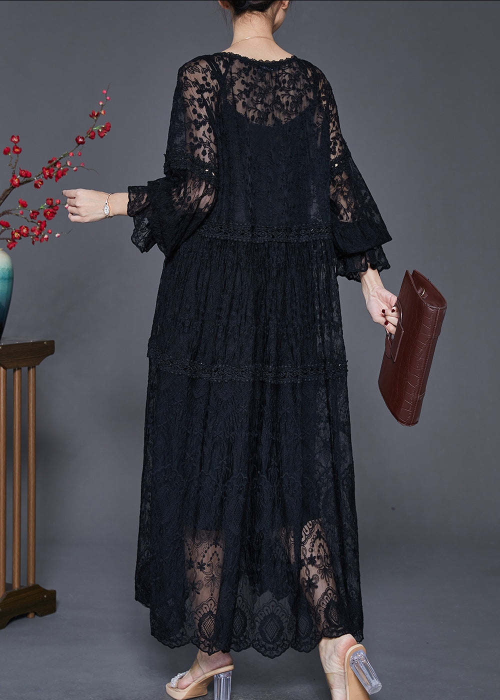 Floral Lace V-Neck Lace Up Long Sleeve Tiered Maxi Dress